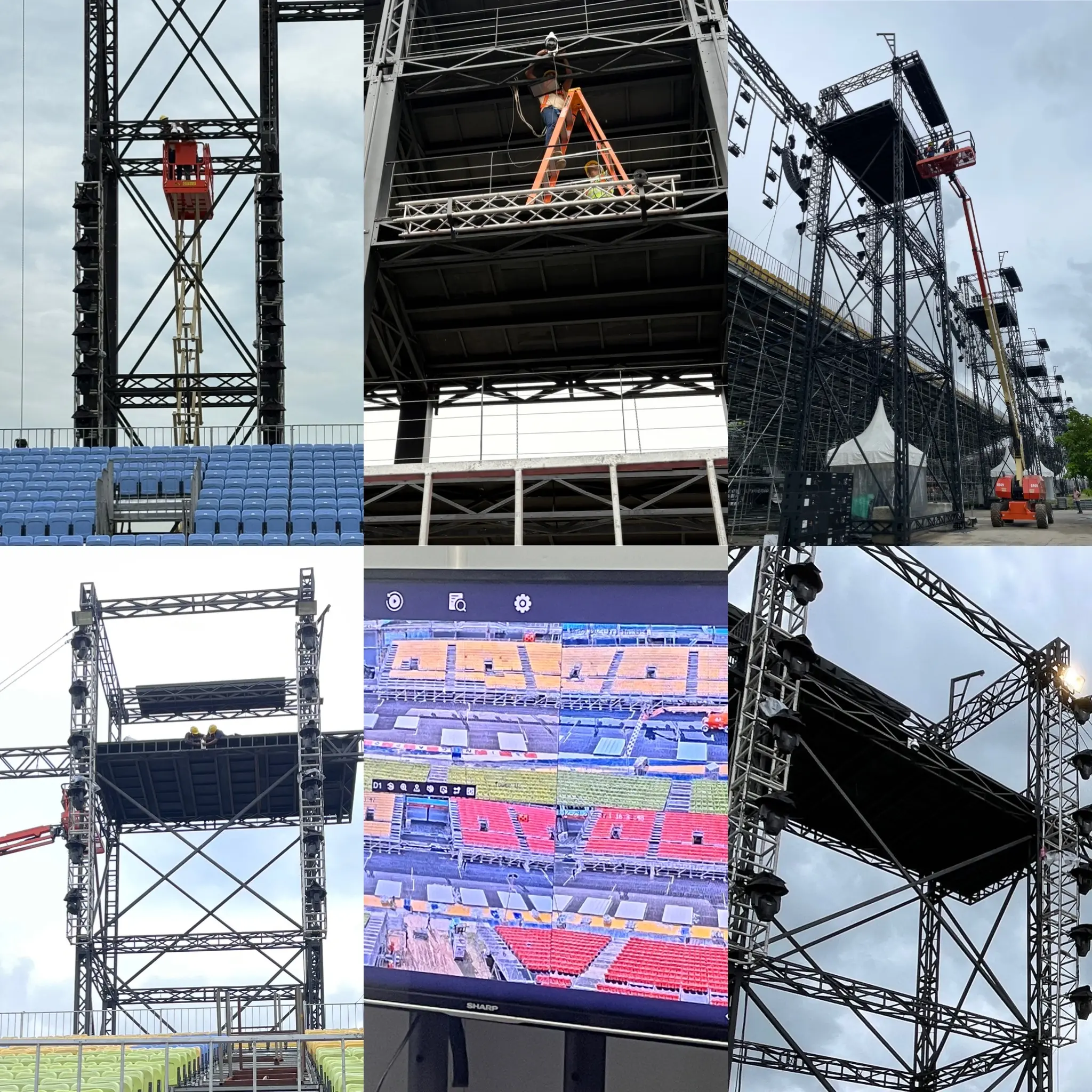 Temporary PTZ (Pan-Tilt-Zoom) CCTV camera poles deployed for outdoor event security at the F1 Pit Building during Chingay festivities.
